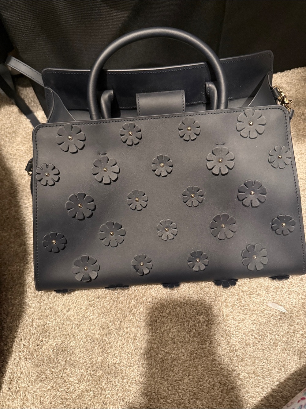 Zac Posen Floral-Appliqué Top Handle Satchel in Navy